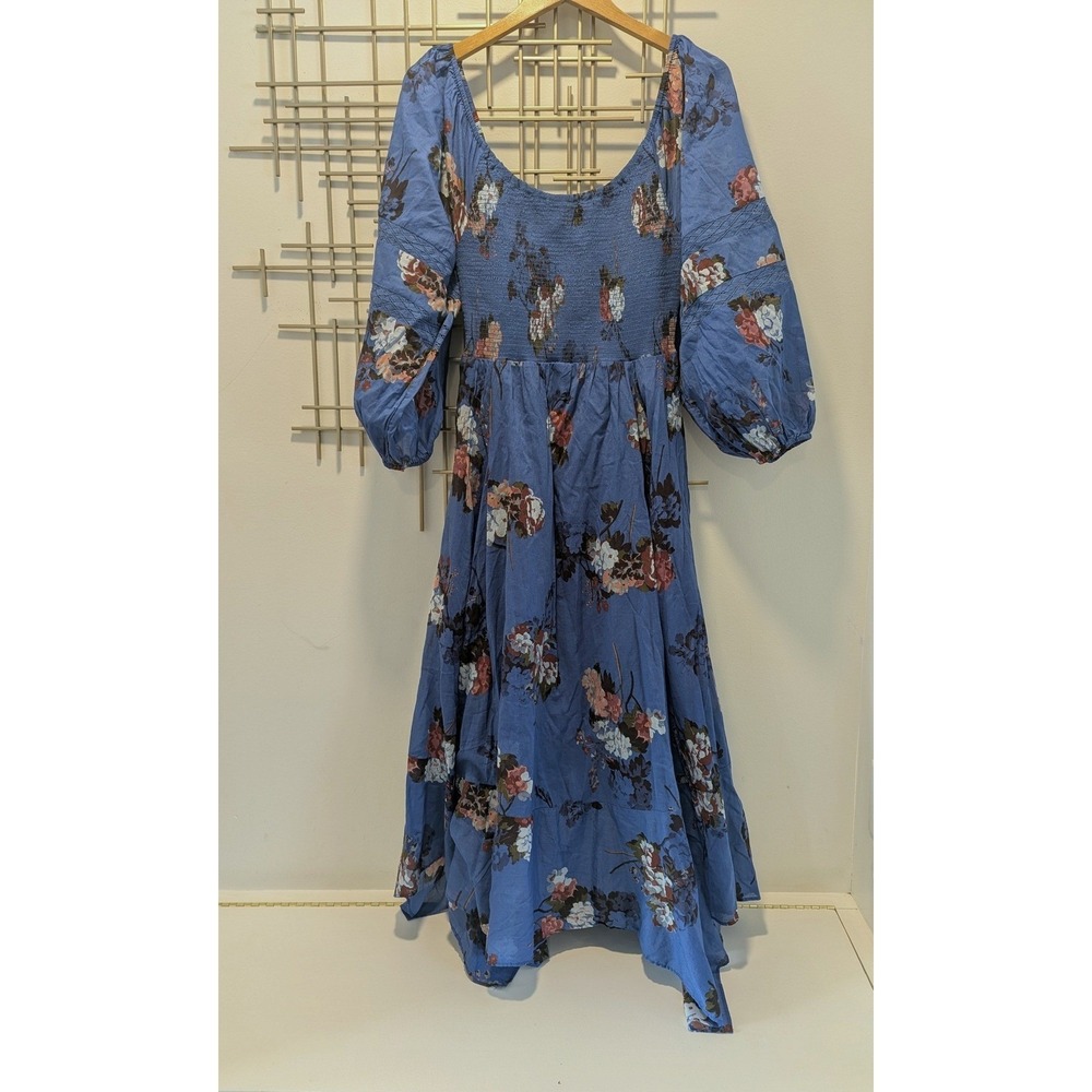 Free‎ People Midi Dress Blue Floral Smocked Puff Sleeve Sz M OB2003304 Boho NWT